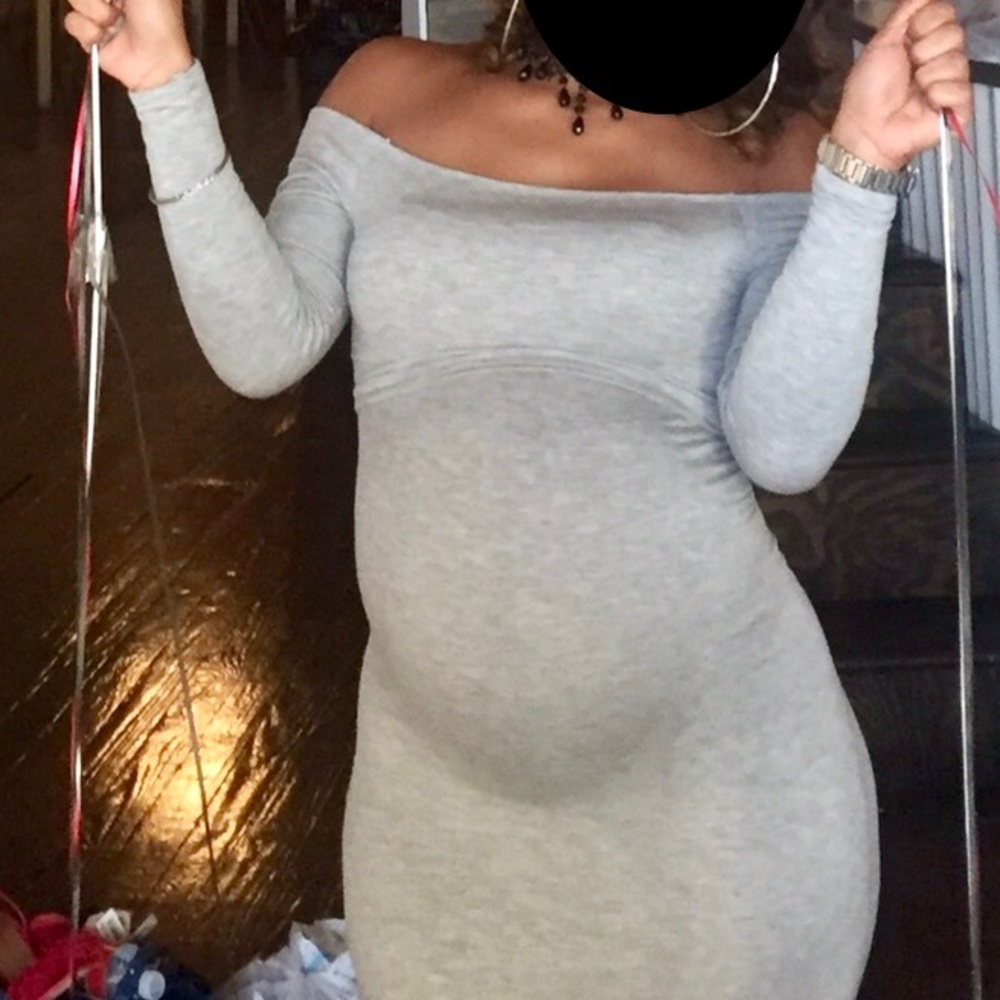Maternity gown fitted off shoulder. Long sleeves